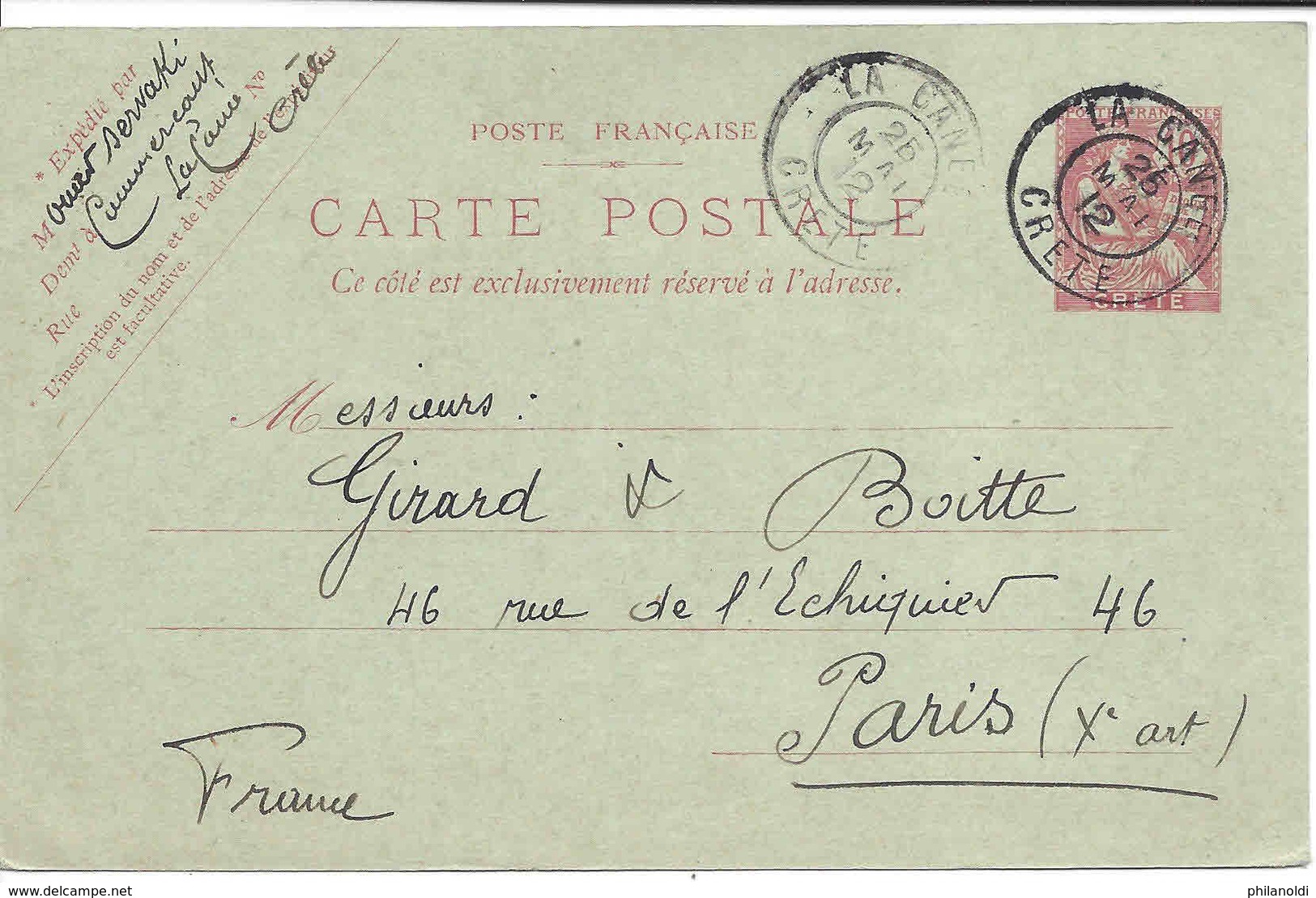 Crète - La Canée 1912 - Carte Entier Postal Type Mouchon Pour Paris, Cachet D'arrivée. Bon état, Bel Aspect, Propre. - Altri & Non Classificati