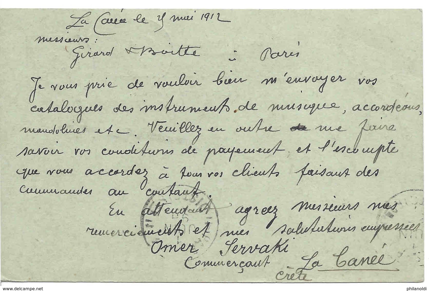 Crète - La Canée 1912 - Carte Entier Postal Type Mouchon Pour Paris, Cachet D'arrivée. Bon état, Bel Aspect, Propre. - Altri & Non Classificati