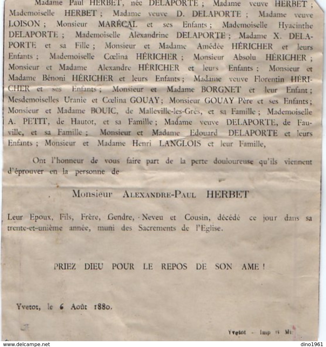 VP16.818 - YVETOT 1880 - Faire - Part De Décès De Mr Alexandre - Paul  HERBET - Décès