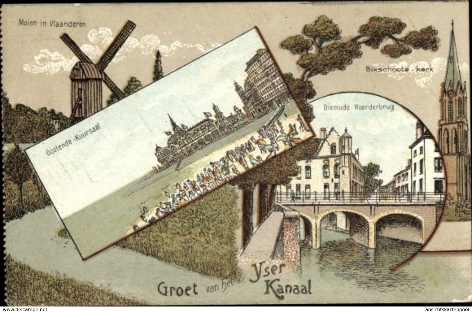 Lithographie Ostende Westflandern, Kuursaal, Molen In Vlaanderen, Dixmude Noorderbrug, Bixschootekerk - Autres & Non Classés