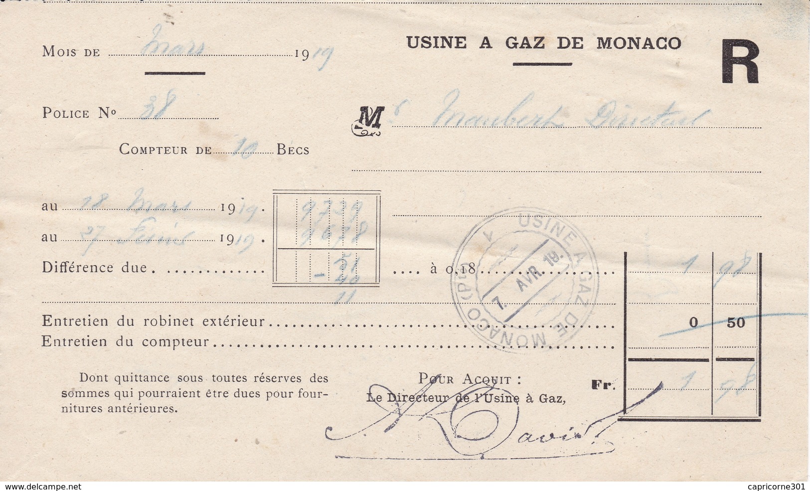 98000 Monaco Quittance De Gaz  Pour Maubert 1919 - Autres & Non Classés