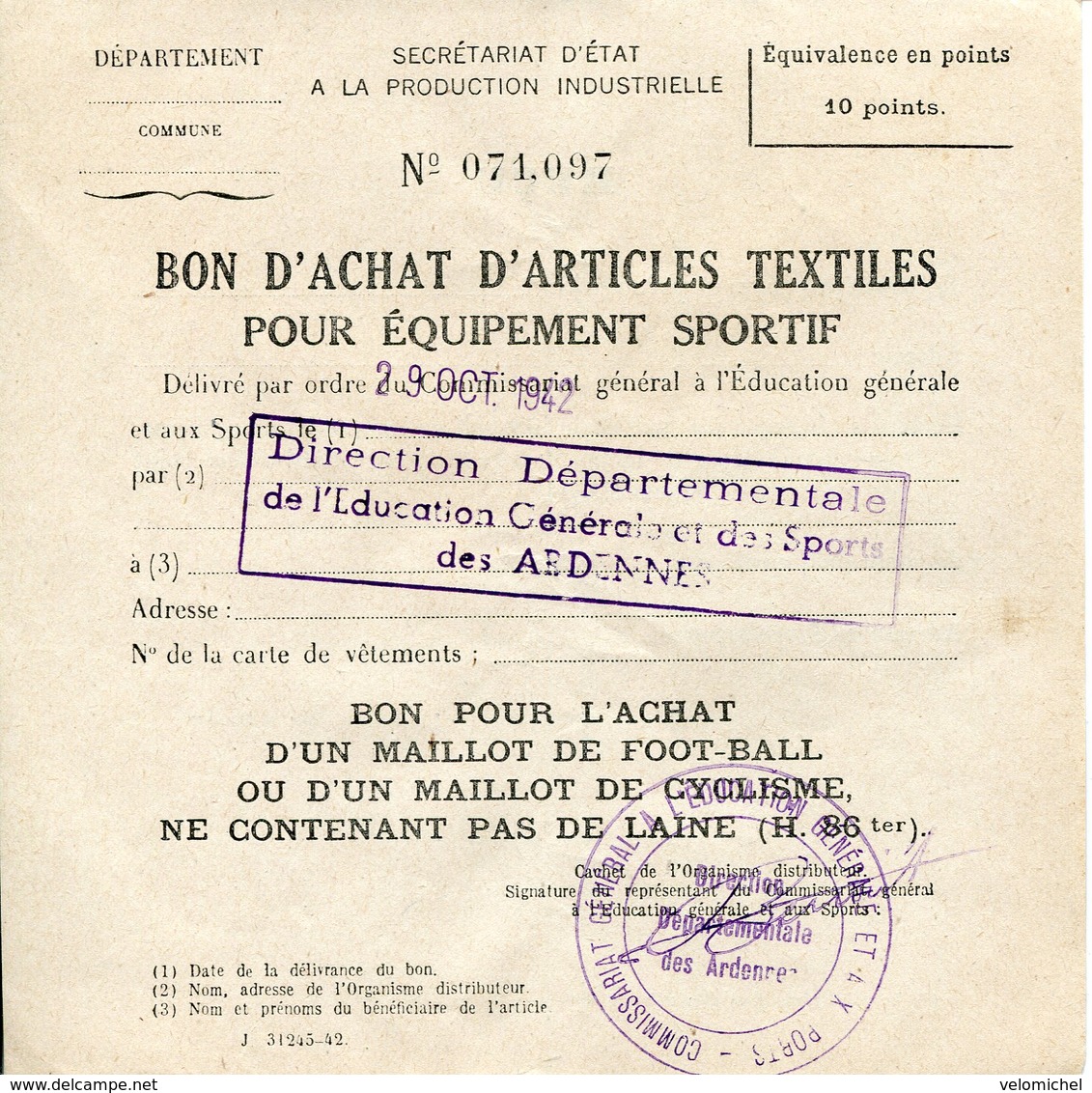 Ardennes. 1942. Bon D'achat D'un Maillot De Foot-ball Ou De Cyclisme - 1939-45