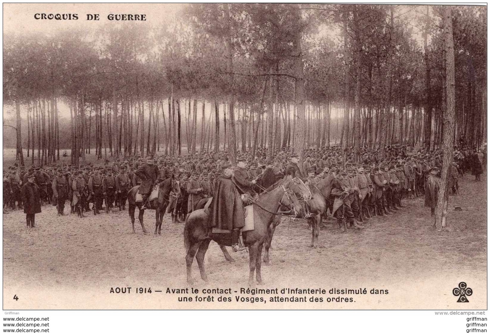 CROQUIS DE GUERRE 1914 AOUT AVANT LE CONTACT REGIMENT D'INFANTERIE DISSIMULE DANS UNE FORET DES VOSGES TBE - Guerre 1914-18