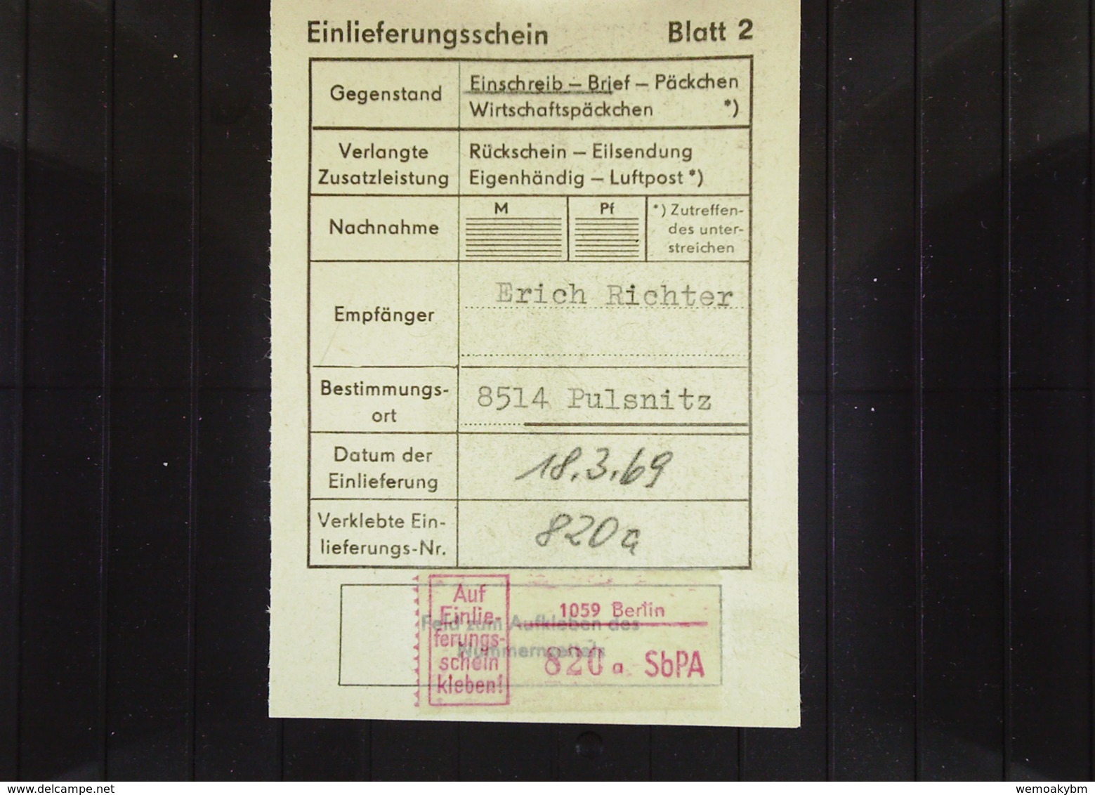 DDR: E-Fern-Bf Mit Selbstbedienungs-R-Zettel 50 Pf 1059 Berlin 820 A -mit Einlieferungsschein Vom 18.3.69 Nach Pulsnitz - Etiquetas De Certificado
