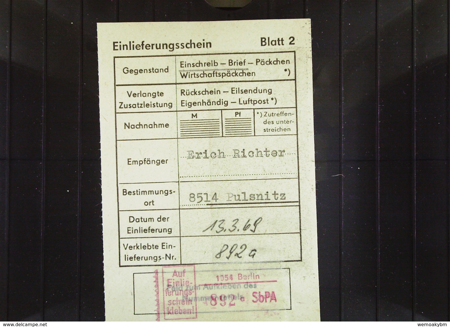 DDR: E-Fern-Bf Mit Selbstbedienungs-R-Zettel 50 Pf 1059 Berlin 892 A -mit Einlieferungsschein Vom 18.3.69 Nach Pulsnitz - R-Zettel