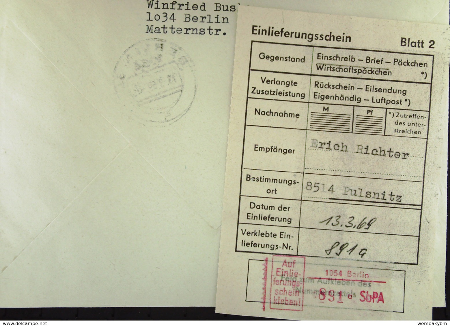 DDR: E-Fern-Bf Mit Selbstbedienungs-R-Zettel 50 Pf 1059 Berlin 891 A -mit Einlieferungsschein Vom 18.3.69 Nach Pulsnitz - R-Zettel