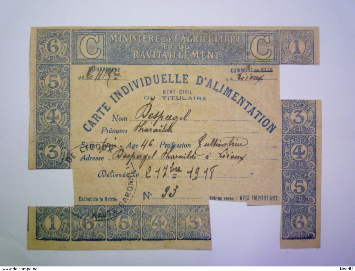 GP 2020 - 2294  CARTE De RATIONNEMENT  1918  (LIEOUX  Haute-Garonne)   XXX - Sin Clasificación