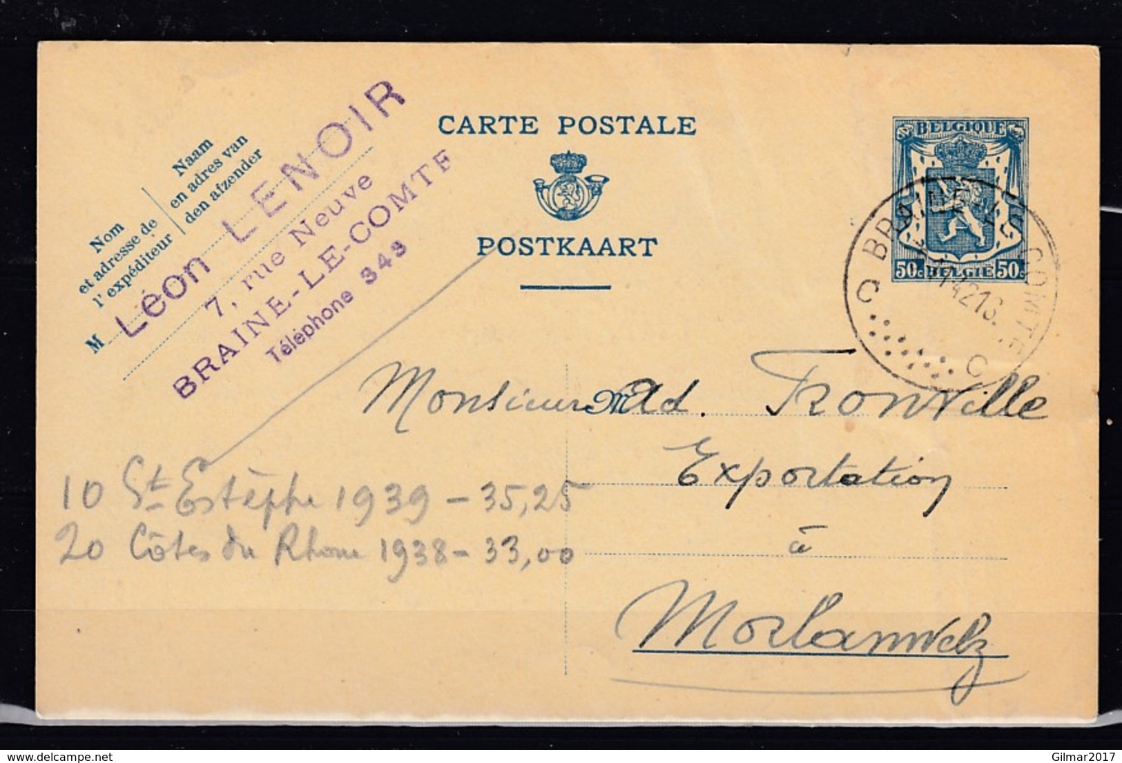 Postkaart Van Braine Le Comte C Naar Morlanwelz - 1935-1949 Petit Sceau De L'Etat