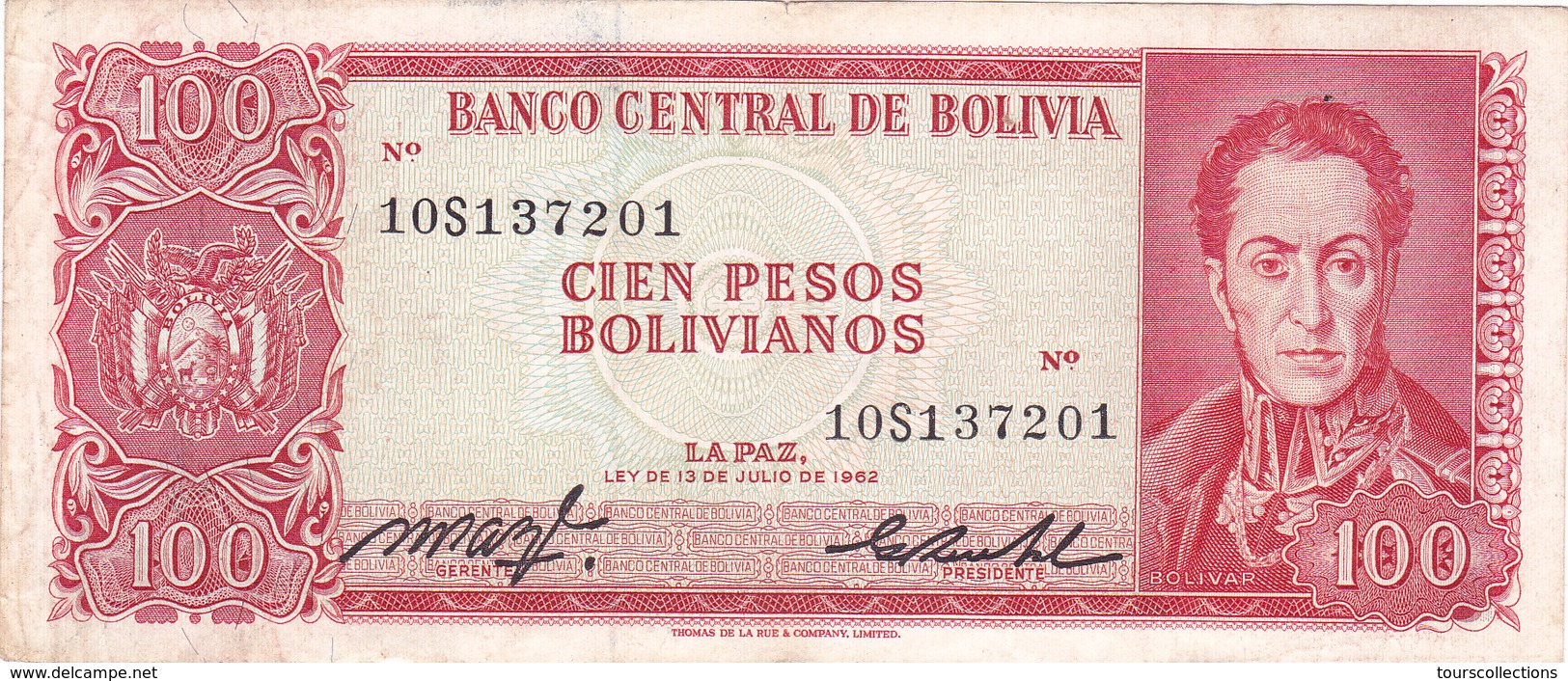 BILLET BOLIVIE De 100 PESOS BOLIVIANOS De 1962 - Simon Bolivar - N° Noir 10S - Bolivië