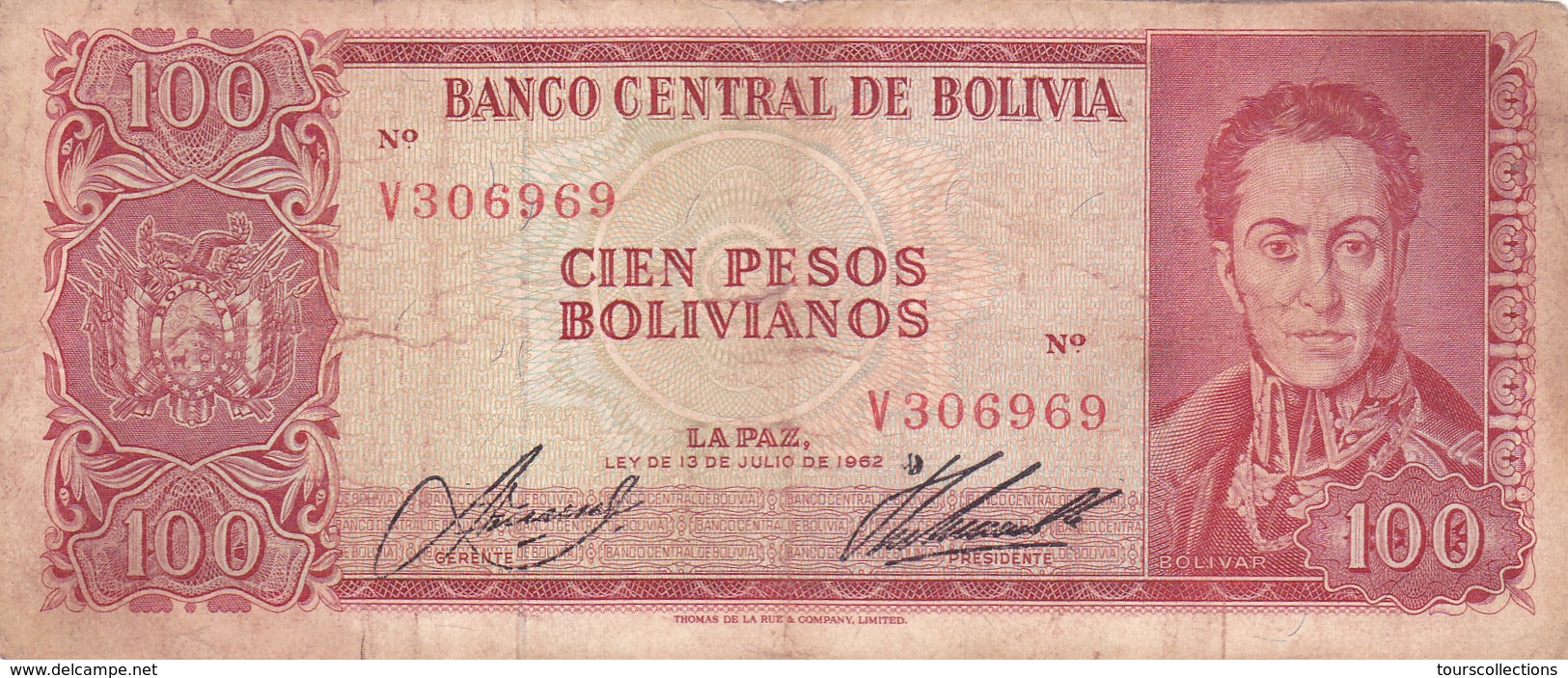 BILLET BOLIVIE De 100 PESOS BOLIVIANOS De 1962 - Simon Bolivar - N° Rouge V30 - Bolivia
