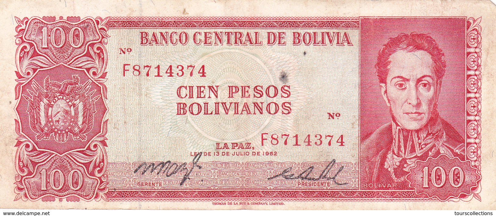 BILLET BOLIVIE De 100 PESOS BOLIVIANOS De 1962 - Simon Bolivar - N° Rouge U30 - Bolivië