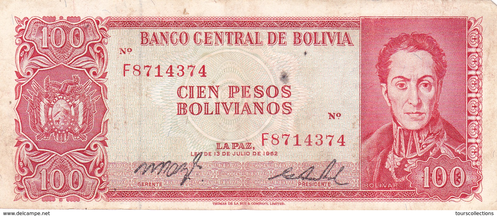 BILLET BOLIVIE De 100 PESOS BOLIVIANOS De 1962 - Simon Bolivar - N° Rouge F87 - Bolivia