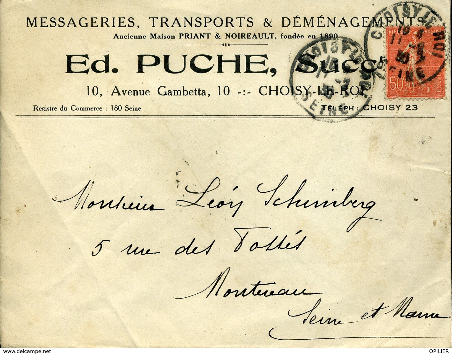 CHOISY LE ROI SEINE 1930 Timbre à Date Sur 50c Semeuse Lignée S Pour Montereau Messagerie Transport Déménagement PUCHE - Cachets Manuels