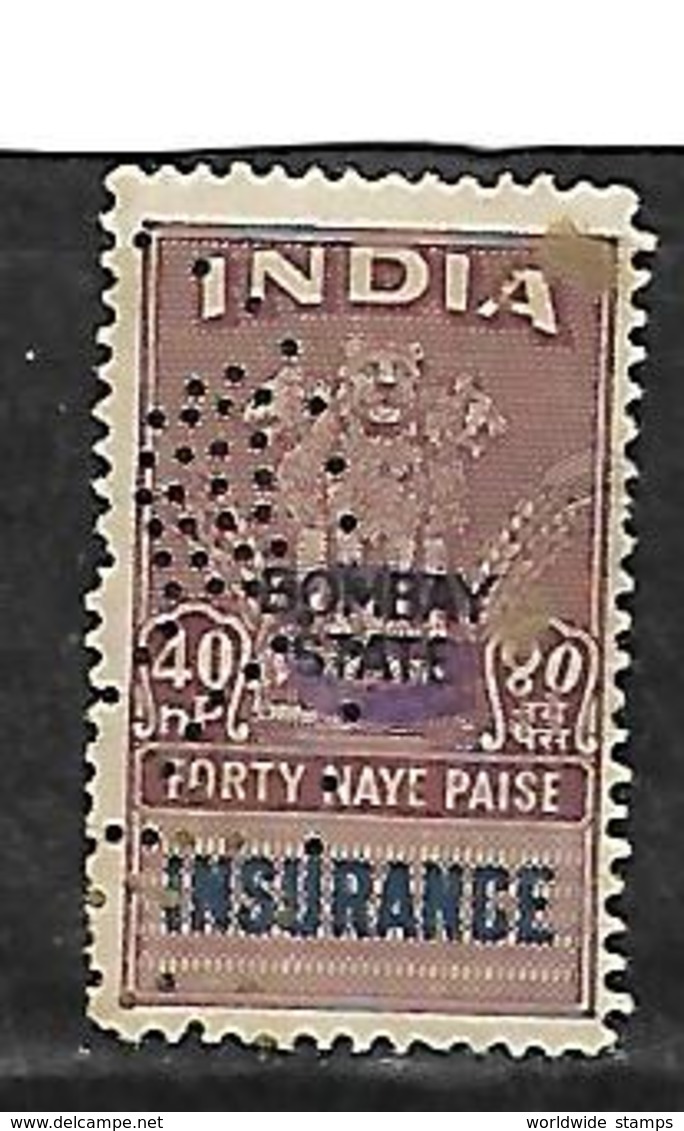 India Bombay State Insurance Stamp 40 Naye Paise Perfin - Gebruikt