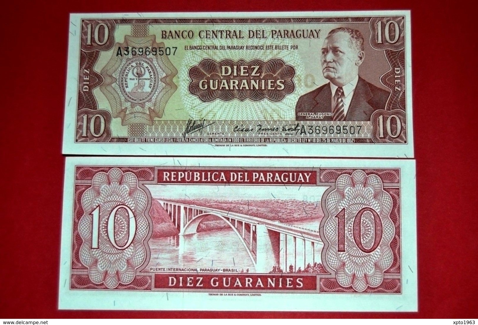 PARAGUAY, 10 Guaranies, 1952, Pick 196b, (A Prefix), UNC - Paraguay