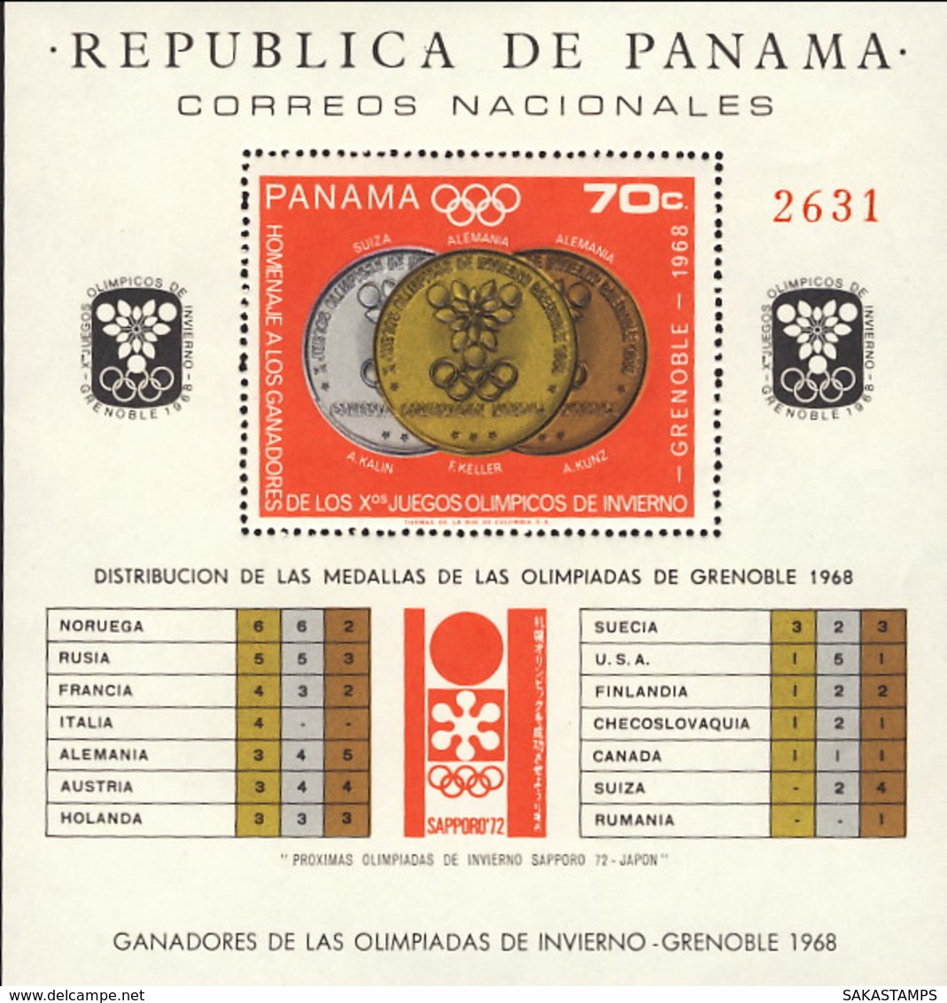 1968-(MNH=**) Panama Foglietto S.1v."Medagliere Olimpiade Invernale Di Grenoble" - Hiver 1968: Grenoble