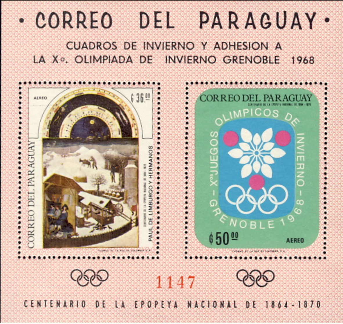 1968-(MNH=**) Paraguay Foglietto S.2v."Olimpiadi Invernali Grenoble" - Hiver 1968: Grenoble