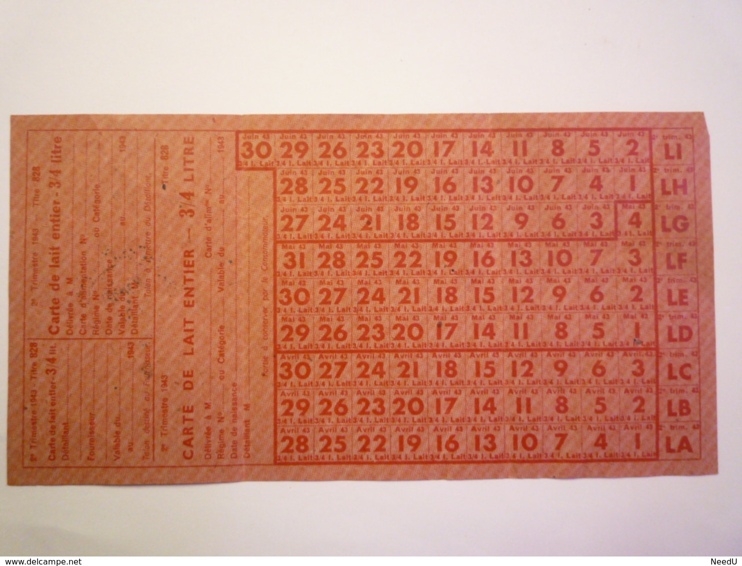 GP 2020 - 2301  BON De RATIONNEMENT  1943  -  Carte De LAIT ENTIER  3/4 Litre   XXX - Ohne Zuordnung
