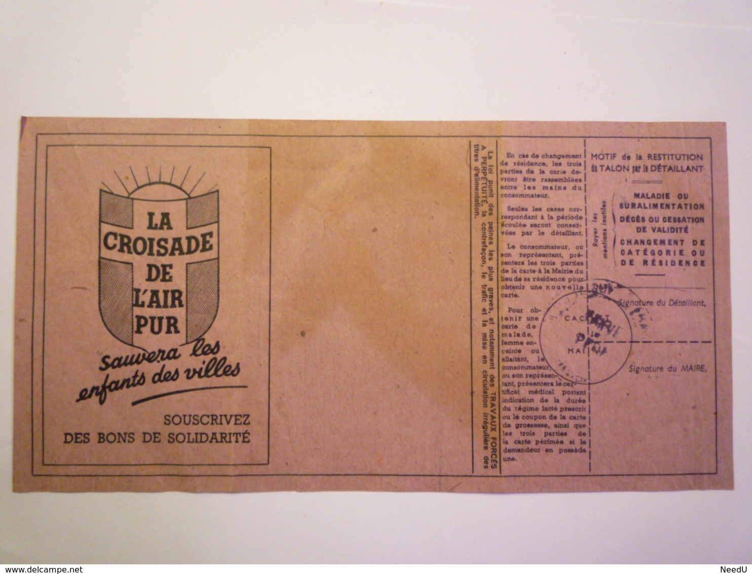 GP 2020 - 2301  BON De RATIONNEMENT  1943  -  Carte De LAIT ENTIER  3/4 Litre   XXX - Sin Clasificación