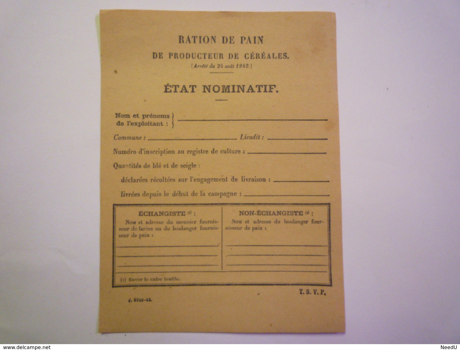 GP 2020 - 2305  BON De RATIONNEMENT  1942  -  RATION De PAIN De Producteur De Céréales   XXX - Non Classificati