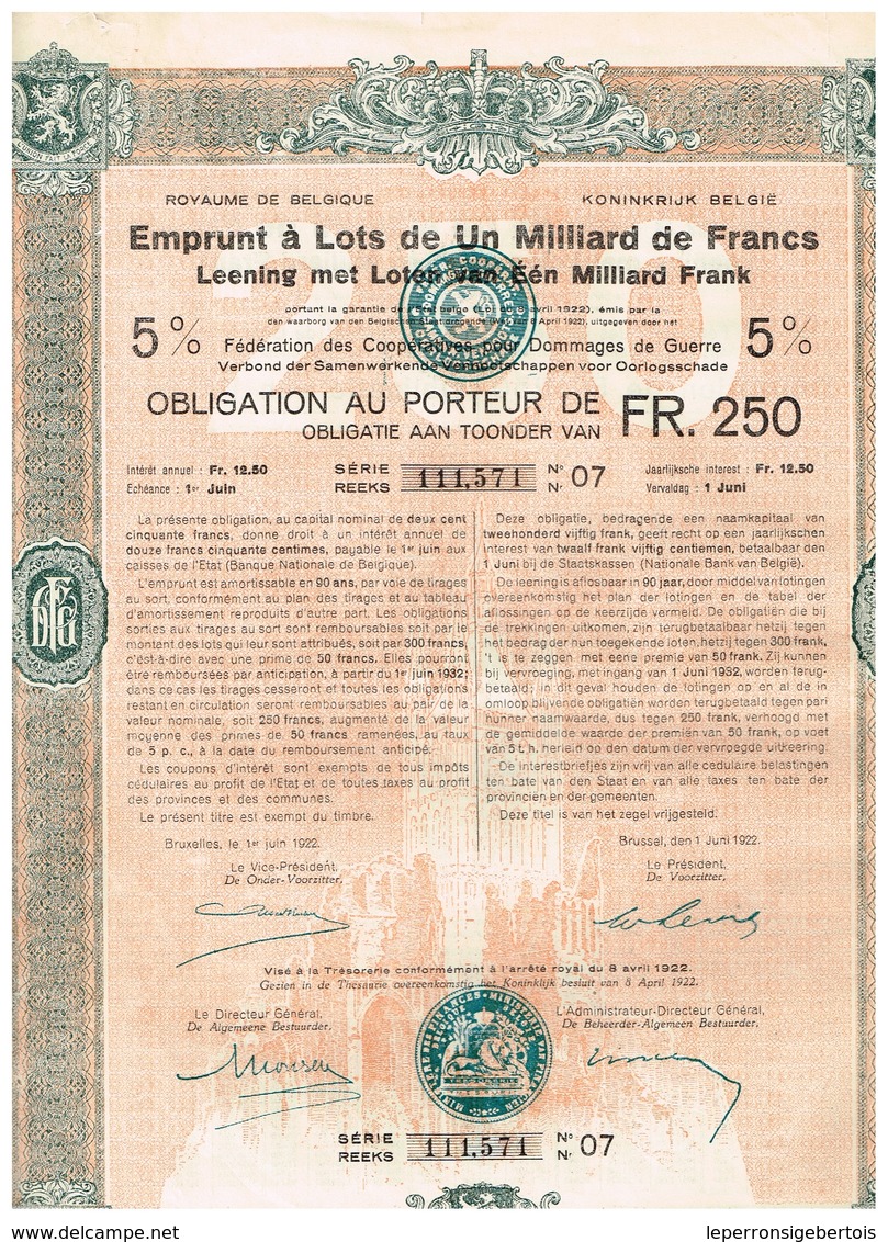 Titre Ancien - Royaume De Belgique - Emprunt à Lots De 1 Milliard De Francs- Dommages De Guerre 1922 5% - Titre Original - A - C