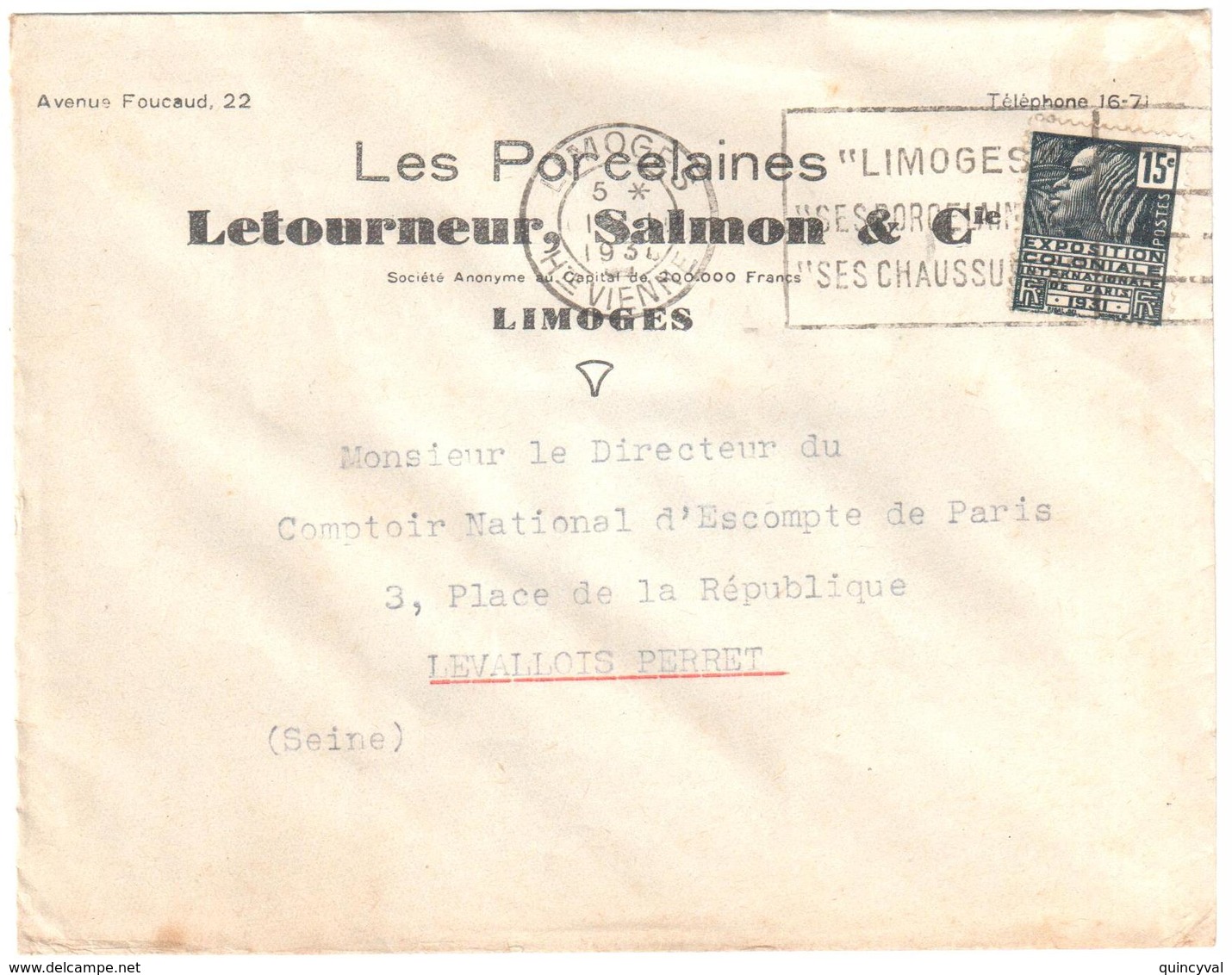 LIMOGES Lettre Entête Porcelaine Letouneur Salmon Ob Meca Franker LIM407 Pub Chaussure 15c Fachi Yv 270 Ob 1931 - Cartas & Documentos