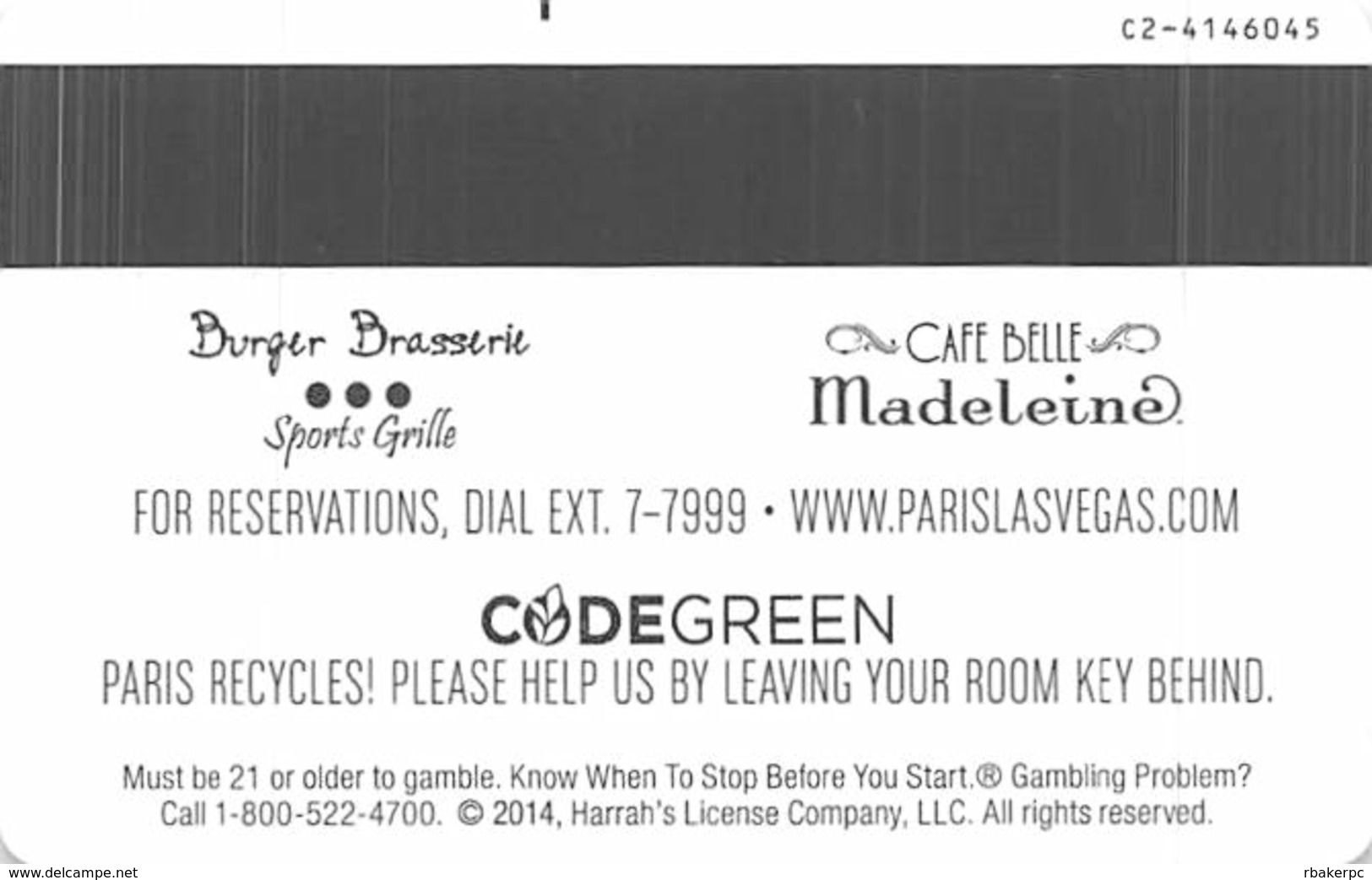 Paris Casino Las Vegas, NV Hotel Room Key Card With C2-4146045 - Hotel Keycards