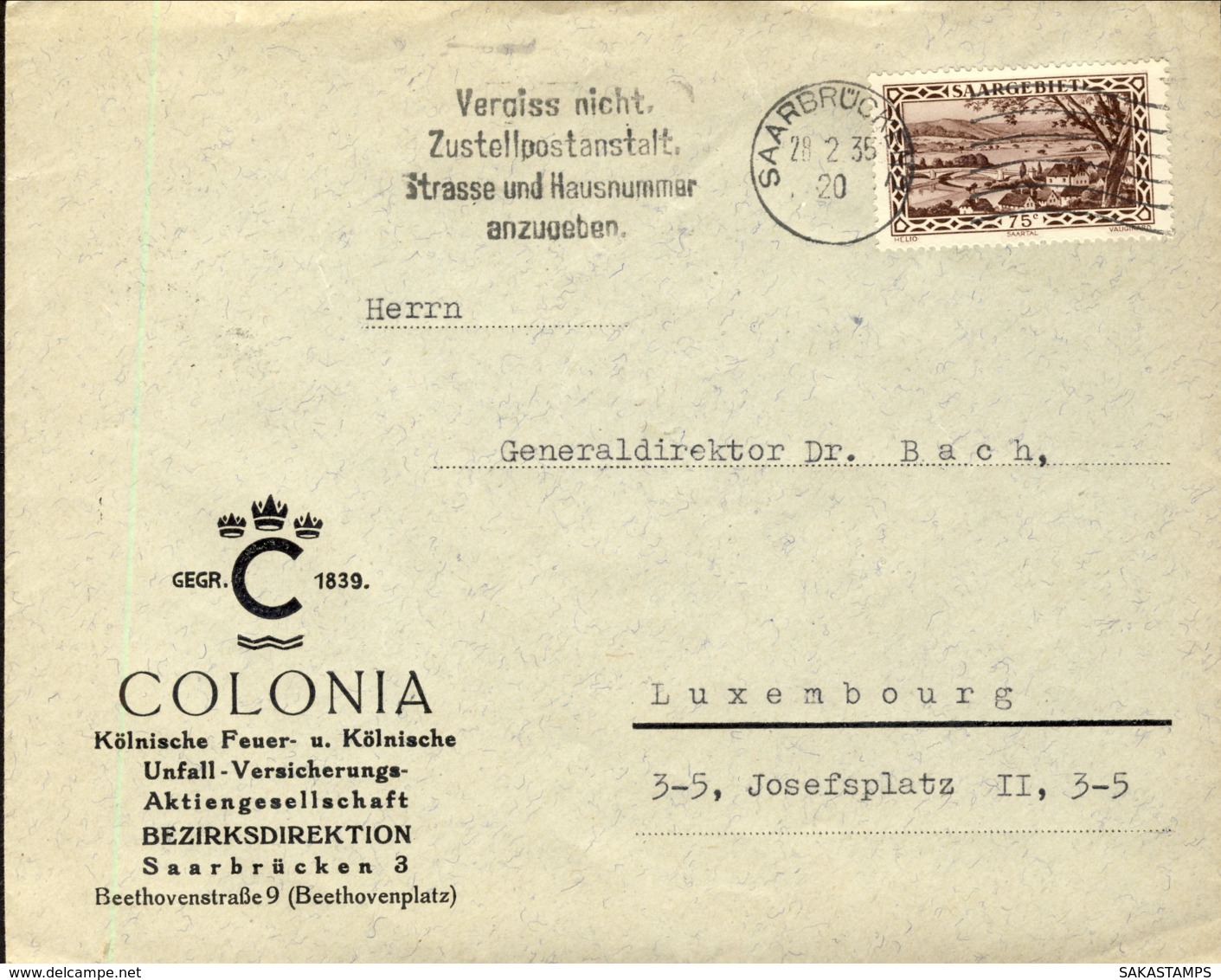 1935-Saargebiet Sarre Lettera Per Il Lussemburgo Affrancata 75c. Michel No.115 - Autres & Non Classés