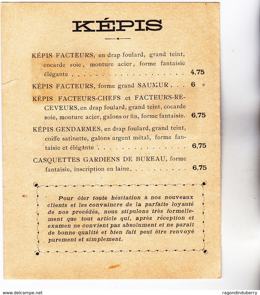 83 - TOULON - MANUFACTURE De La PALASSE - GENDARMERIE, POLICE, FACTEURS, UNIFORMES Et KEPIS Dépl Publ 1907 échant Tissus - Publicités