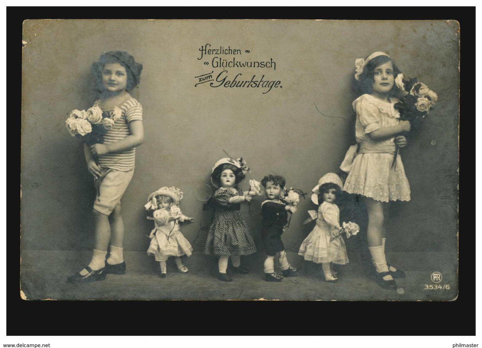 Foto-AK Kinder Geburtstag Mädchen Und Puppen Mit Blumen, OLDENBURG 18.7.1912 - Sonstige & Ohne Zuordnung