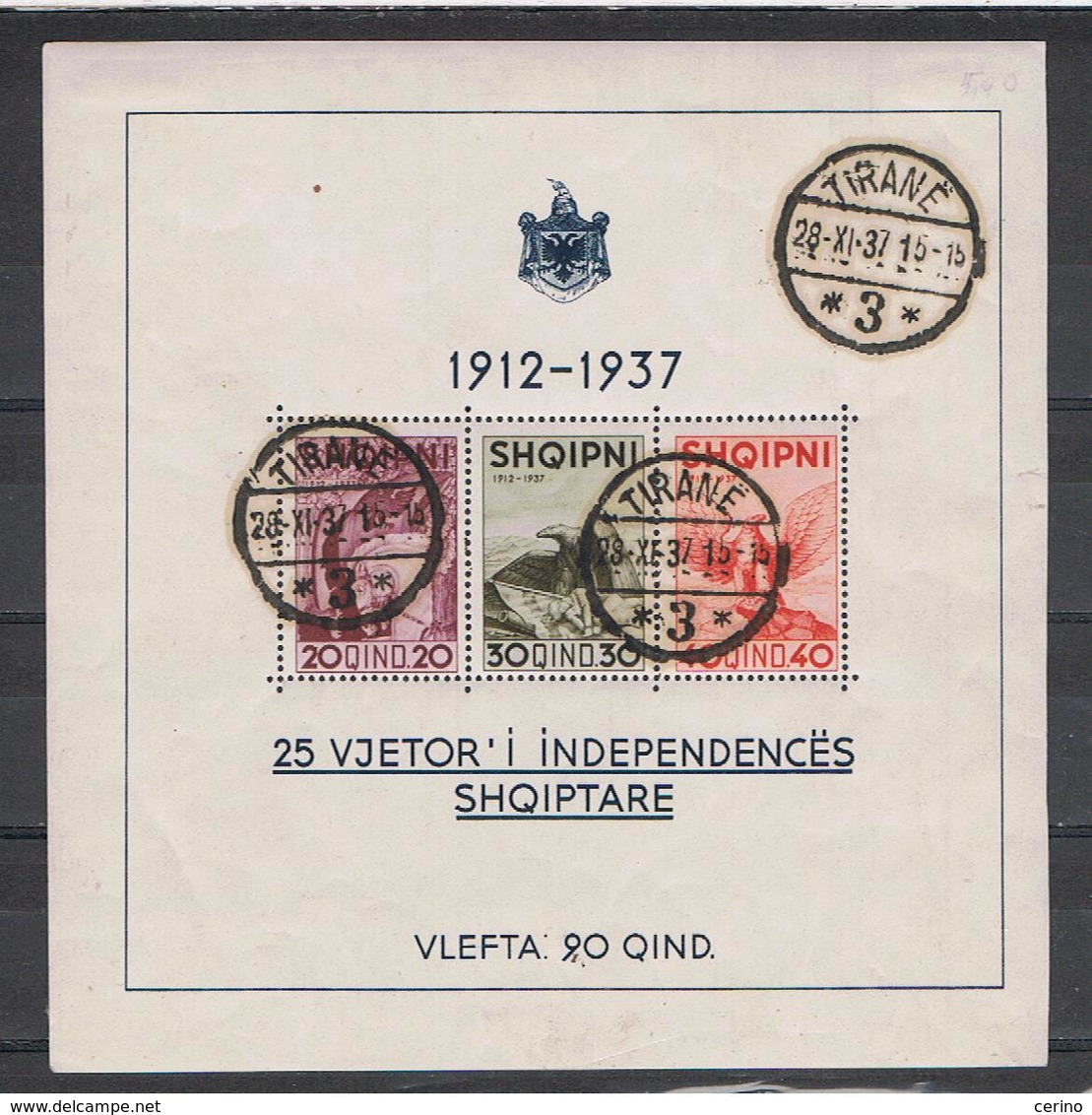 ALBANIA:  1937  ANNIVERSARIO  INDIPENDENZA  -  S. CPL. 3  VAL.  FGL. US. -  YV/TELL. 1 - Albanien