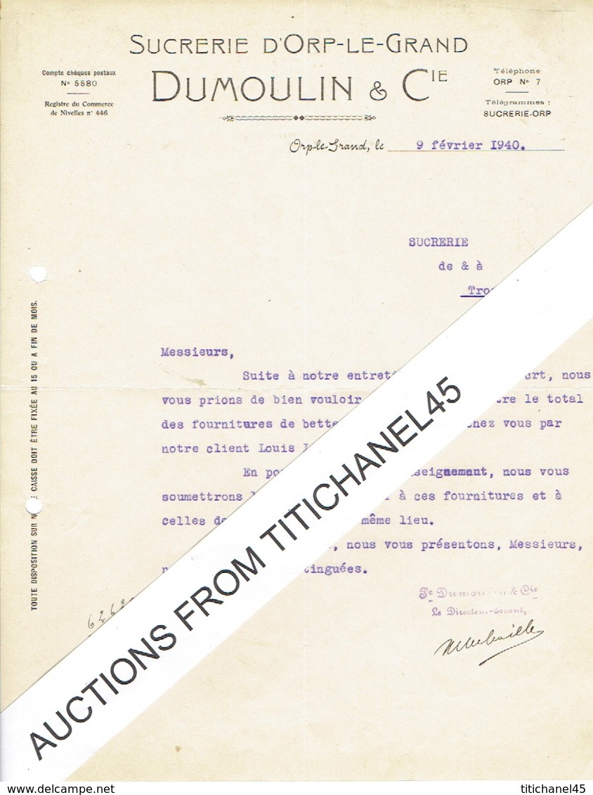 Lettre 1940 ORP-LE-GRAND - DUMOULIN & Cie - SUCRERIE D'ORP-LE-GRAND - Autres & Non Classés