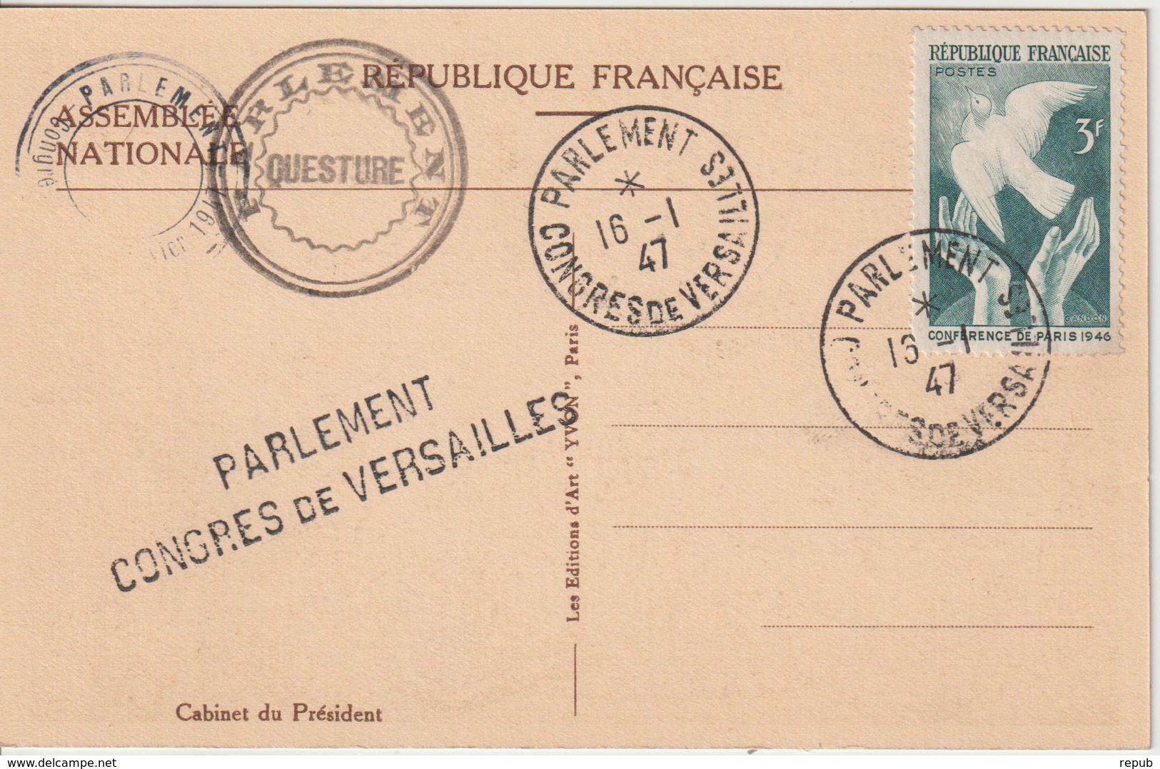 France Oblit Congrès Du Parlement 1947 - 1921-1960: Période Moderne