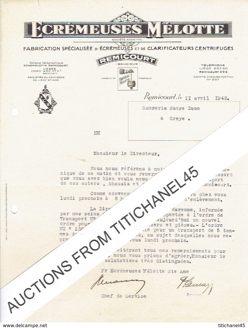 Lettre De 1942 REMICOURT - ECREMEUSES MELOTTE - Fabrication D'écrémeuses Et De Clarificateurs Centrifuges - Autres & Non Classés