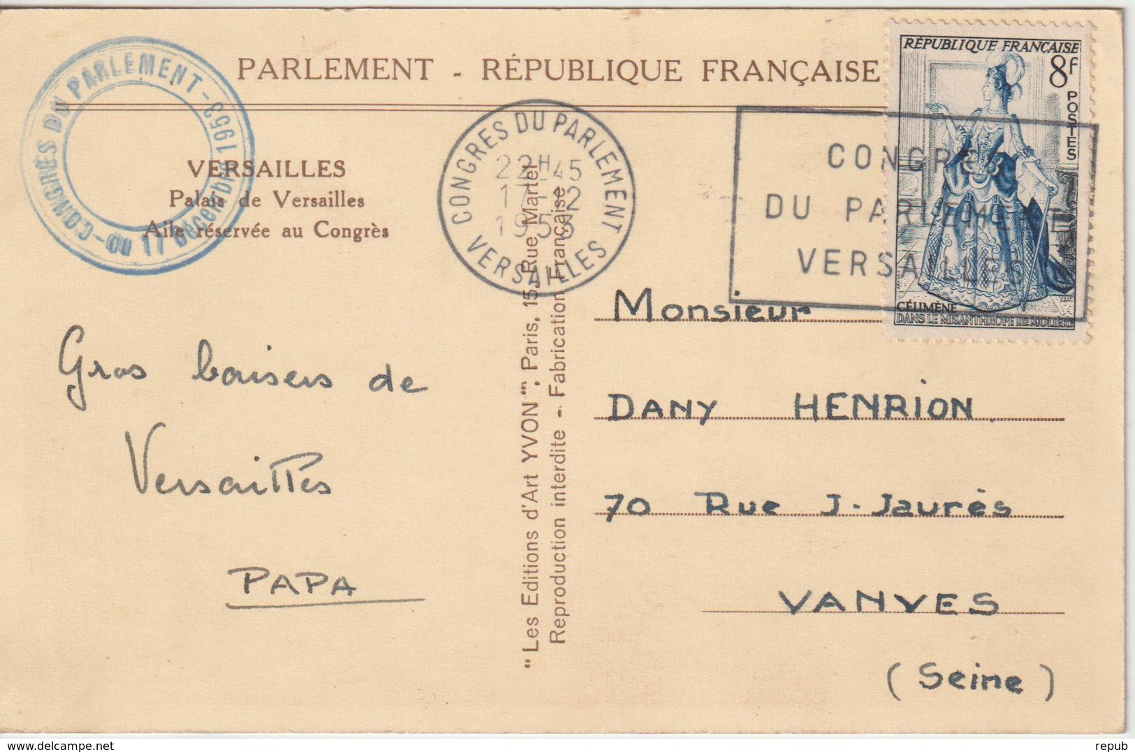 France Oblit Congrès Du Parlement 1953 - 1921-1960: Moderne