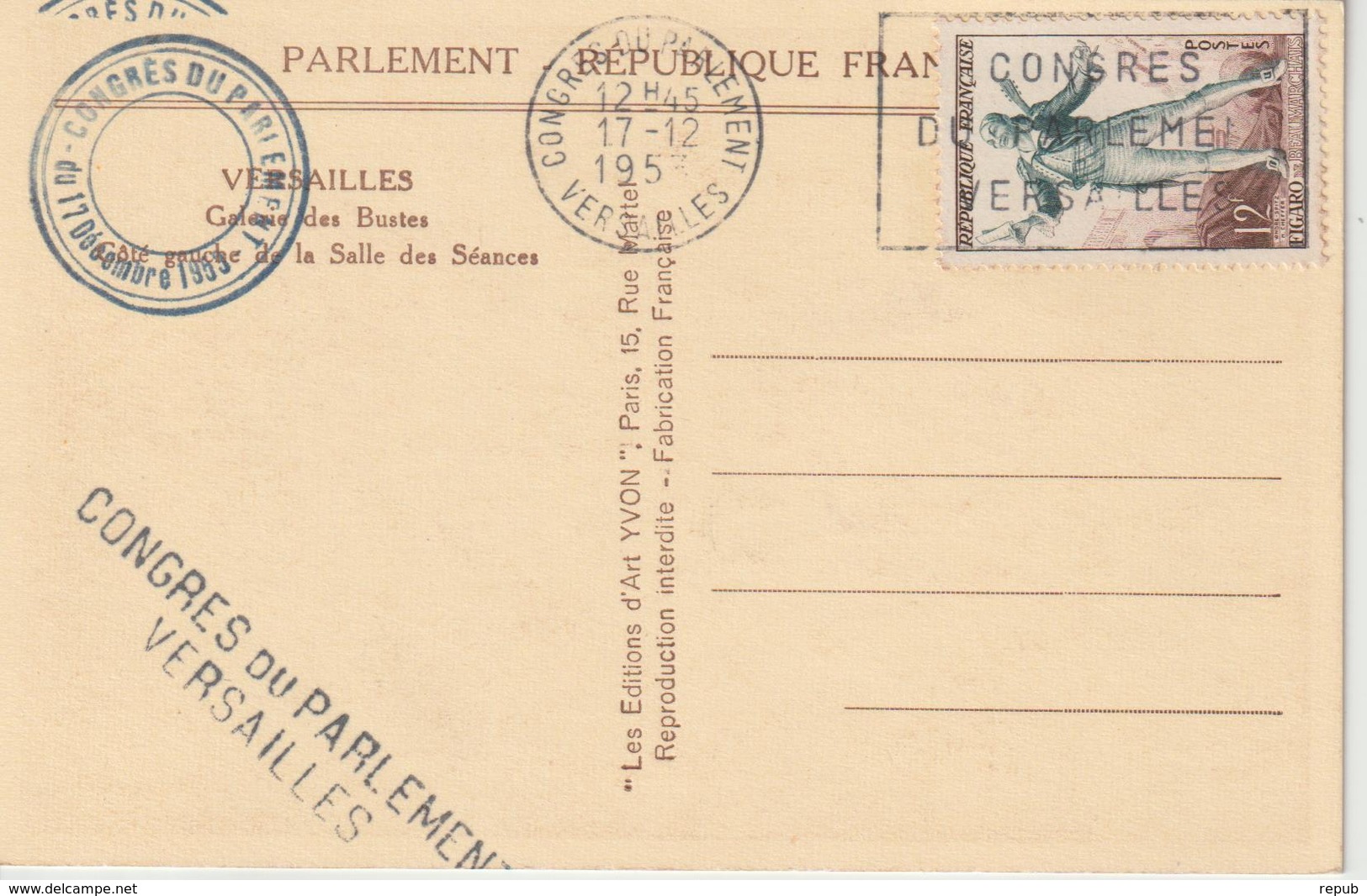 France Oblit Congrès Du Parlement 1953 - 1921-1960: Période Moderne