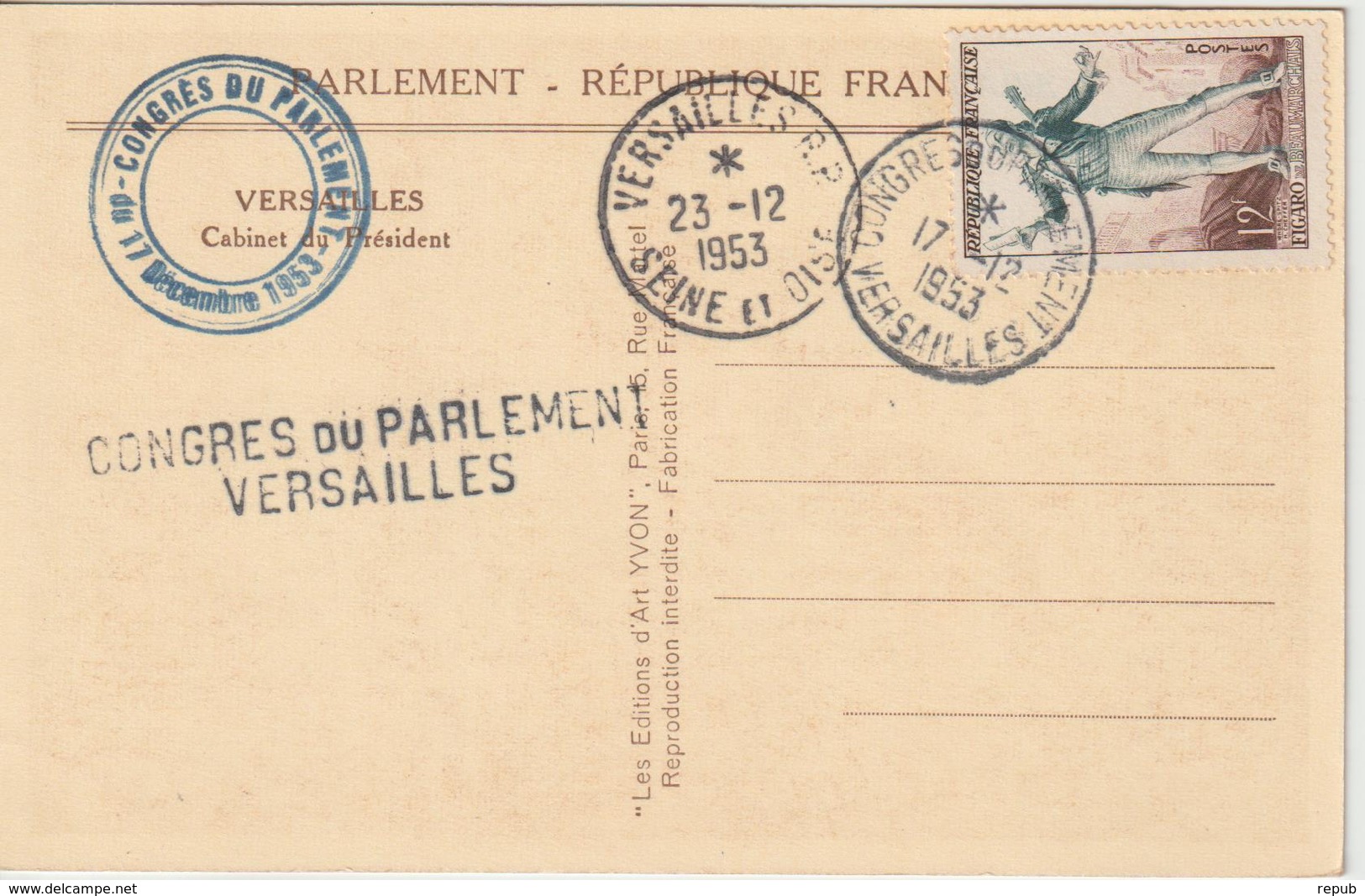 France Oblit Congrès Du Parlement 1953 - 1921-1960: Période Moderne