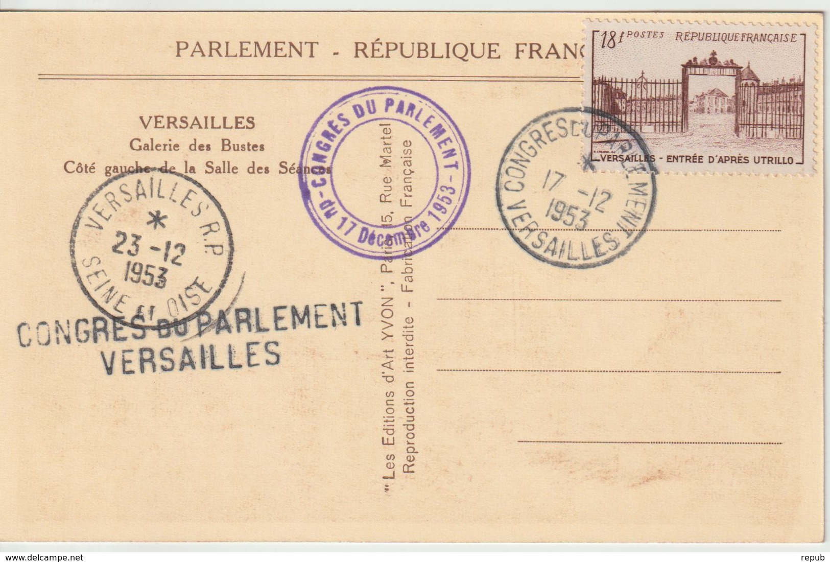 France Oblit Congrès Du Parlement 1953 - 1921-1960: Période Moderne