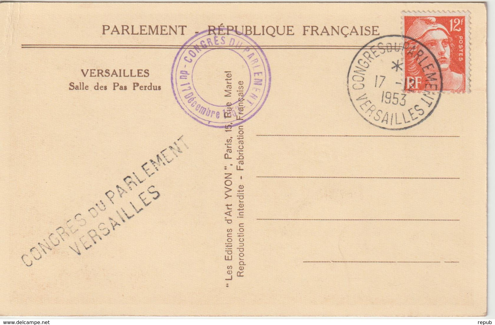 France Oblit Congrès Du Parlement 1953 - 1921-1960: Période Moderne