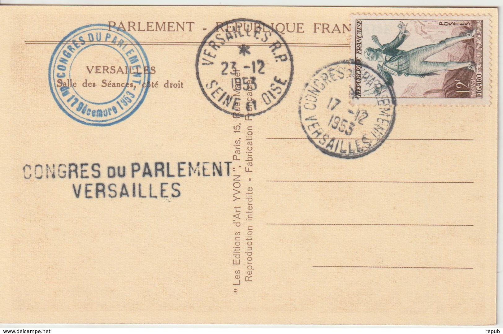 France Oblit Congrès Du Parlement 1953 - 1921-1960: Période Moderne