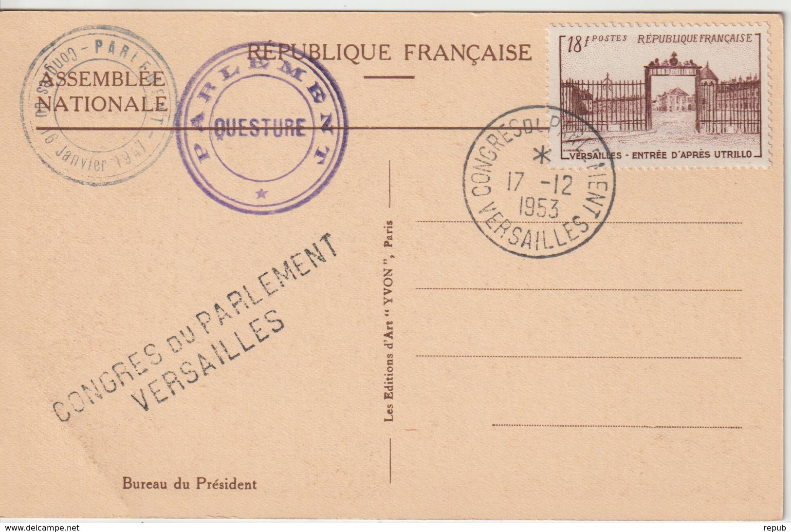 France Oblit Congrès Du Parlement 1953 - 1921-1960: Période Moderne