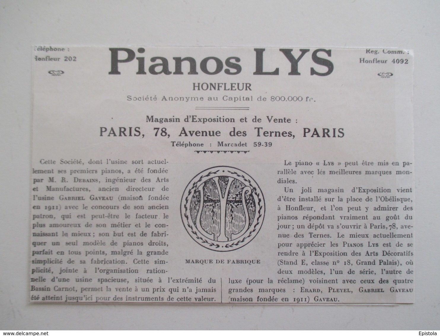 Année (1925) HONFLEUR   - Manufacture De PIANOS LYS  - Ancienne Coupure De Presse - Musical Instruments