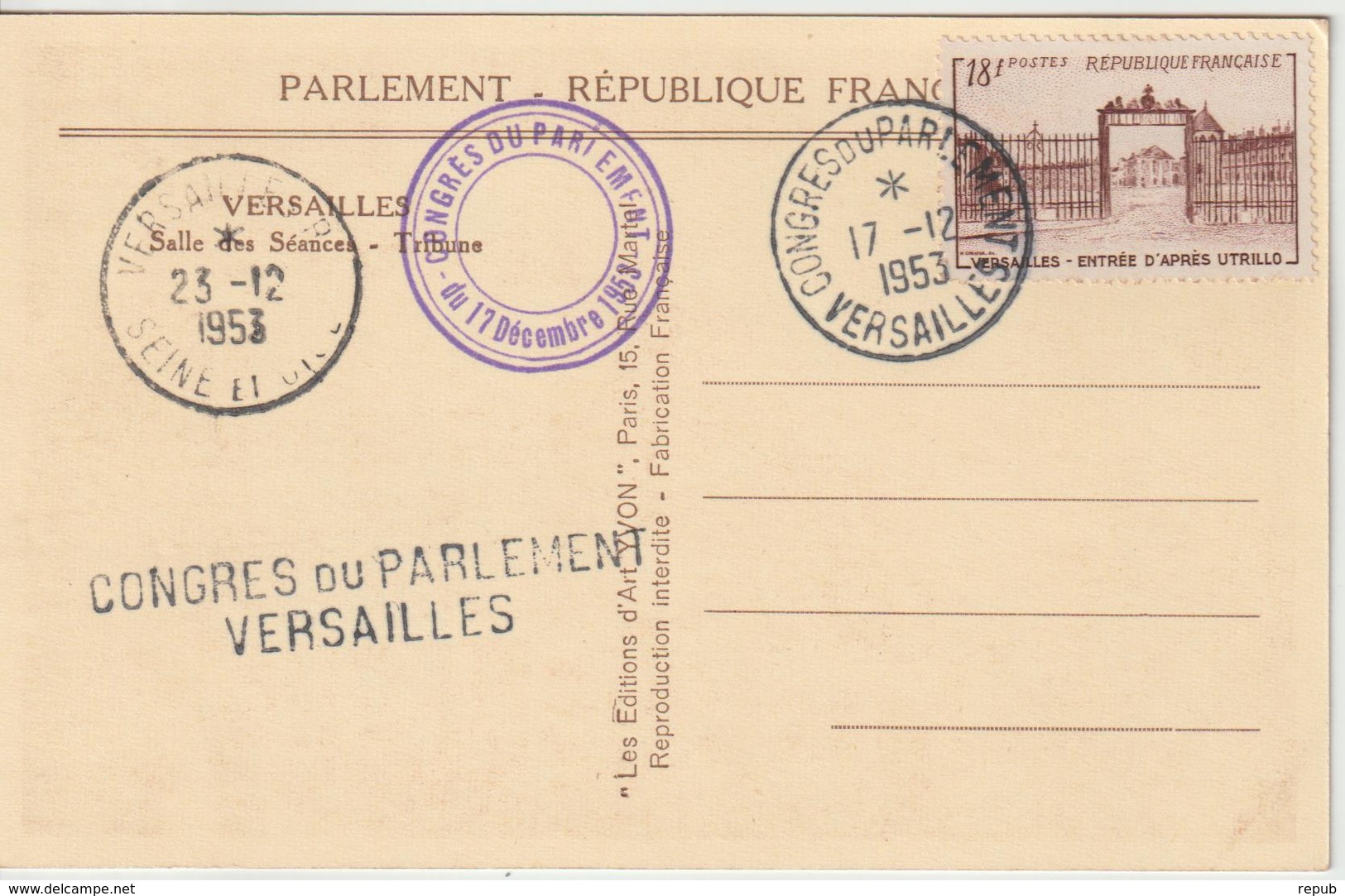 France Oblit Congrès Du Parlement 1953 - 1921-1960: Période Moderne