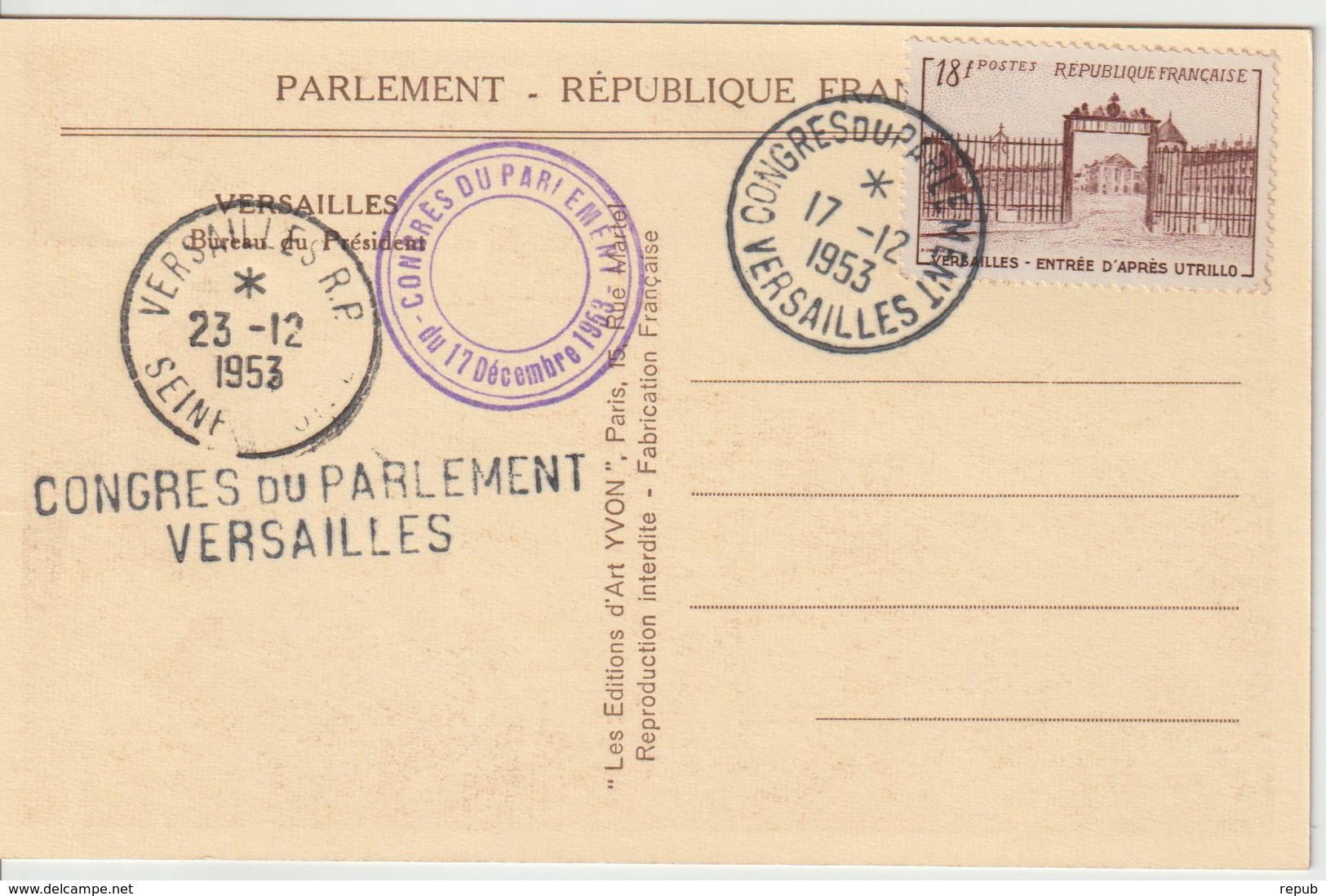 France Oblit Congrès Du Parlement 1953 - 1921-1960: Période Moderne