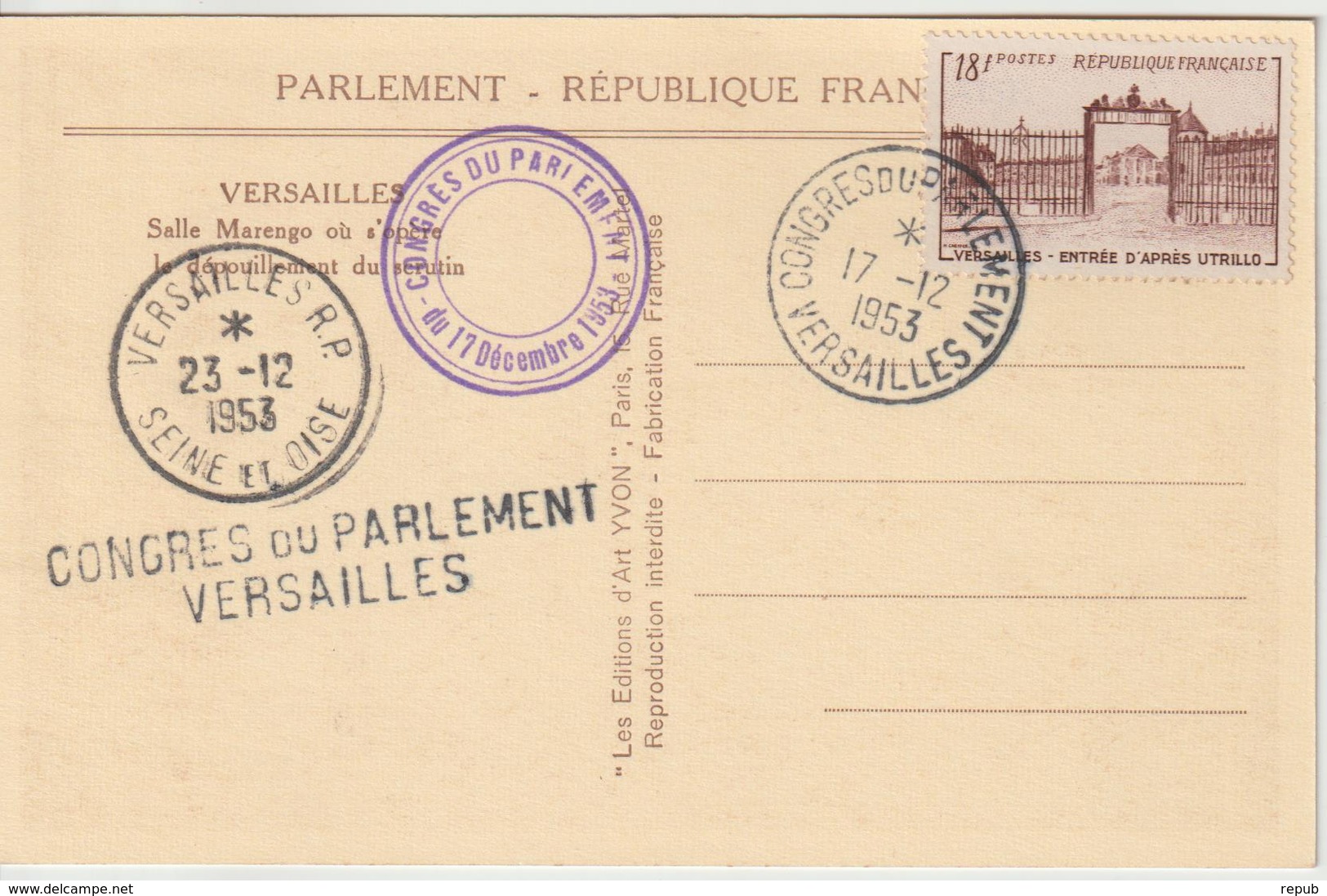 France Oblit Congrès Du Parlement 1953 - 1921-1960: Période Moderne