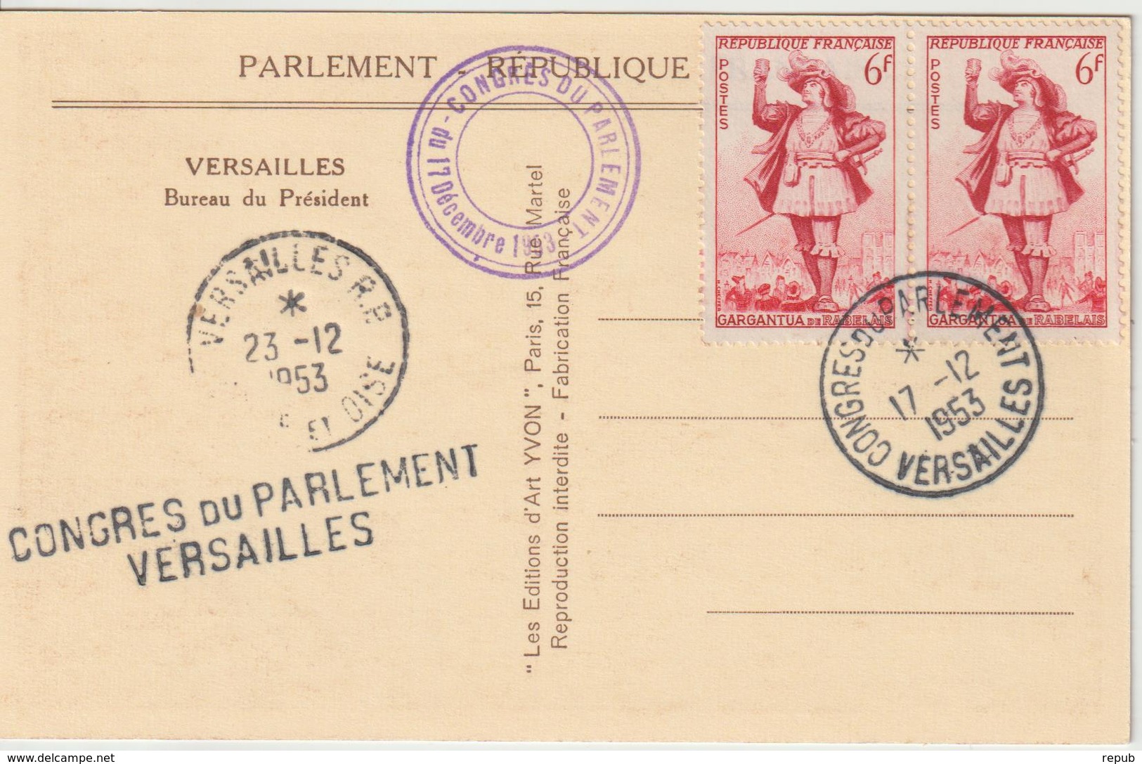 France Oblit Congrès Du Parlement 1953 - 1921-1960: Modern Tijdperk