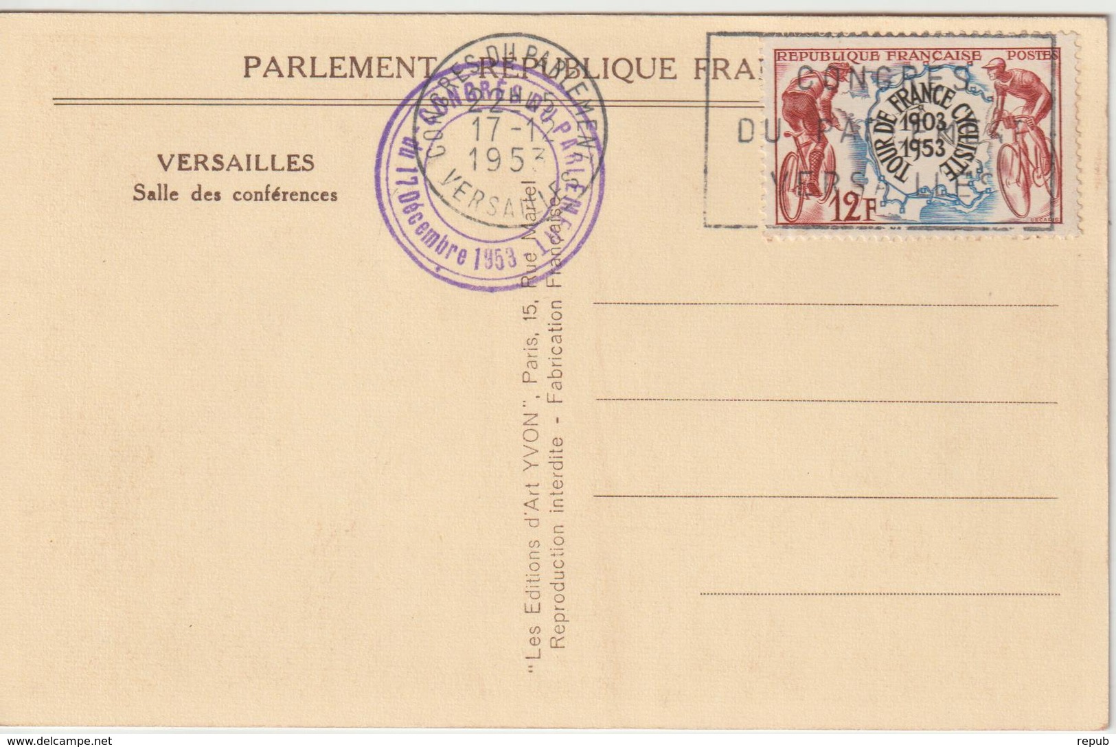 France Oblit Congrès Du Parlement 1953 - 1921-1960: Période Moderne