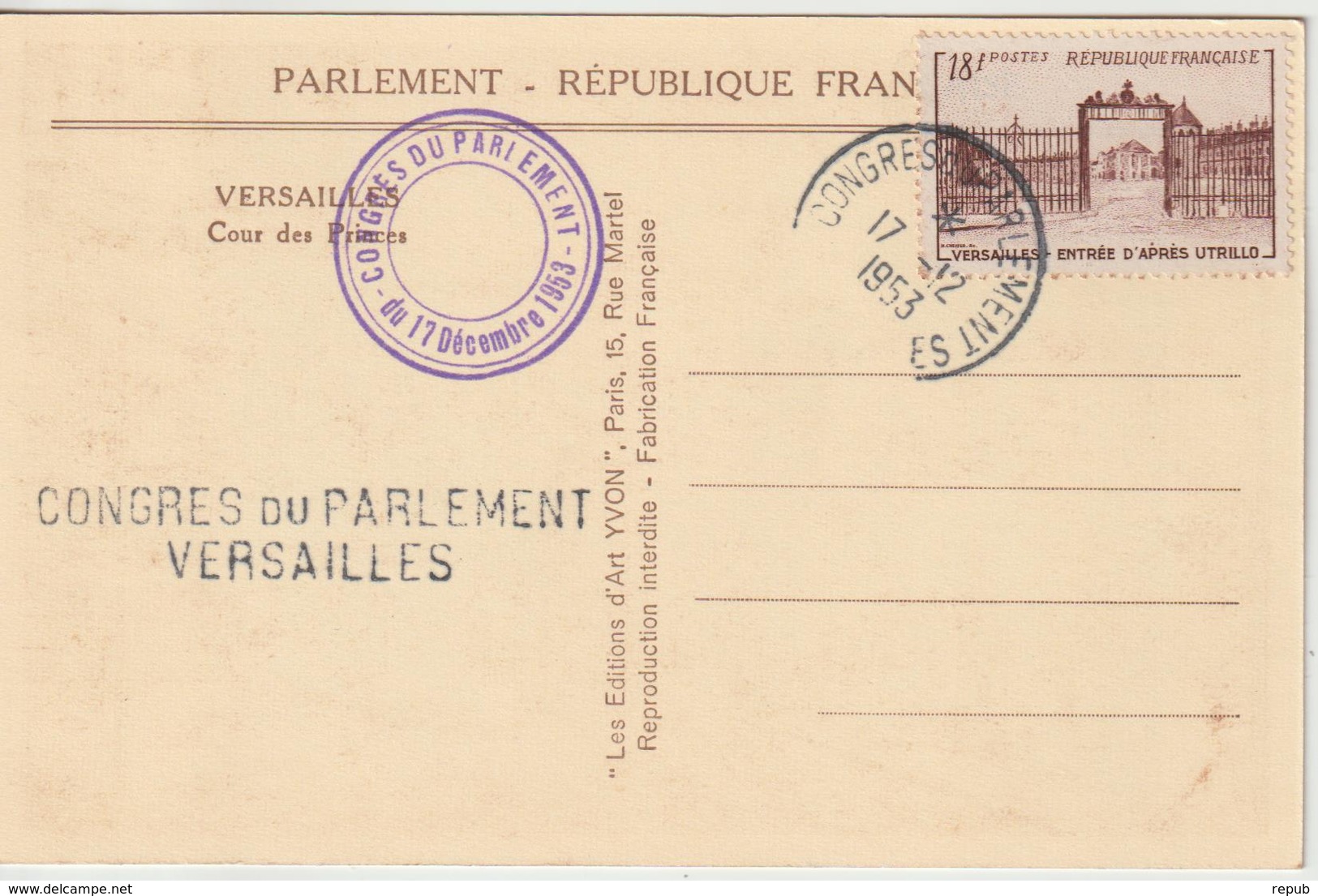 France Oblit Congrès Du Parlement 1953 - 1921-1960: Période Moderne