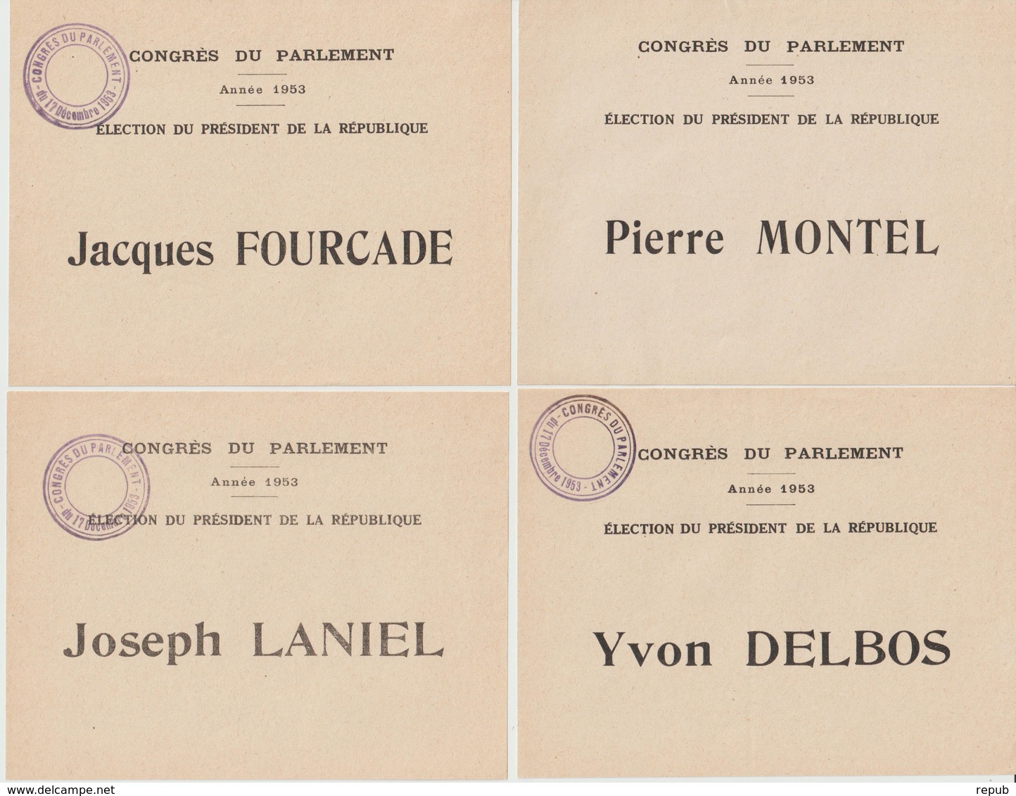 France Bulletins De Vote Du Congrès Du Parlement 1953 - Unclassified