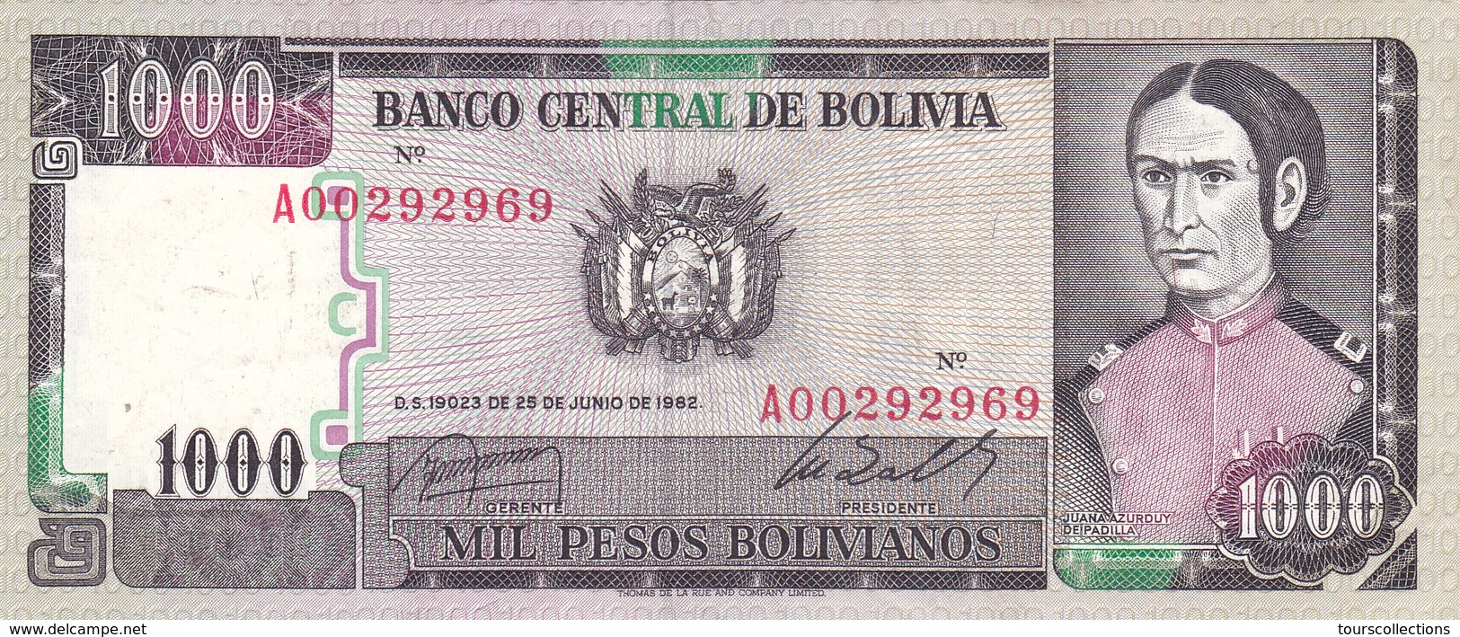 BILLET BOLIVIE De 1000 PESOS BOLIVIANOS De 1982 - J.A De Padilla - N° Rouge A00 - Bolivie